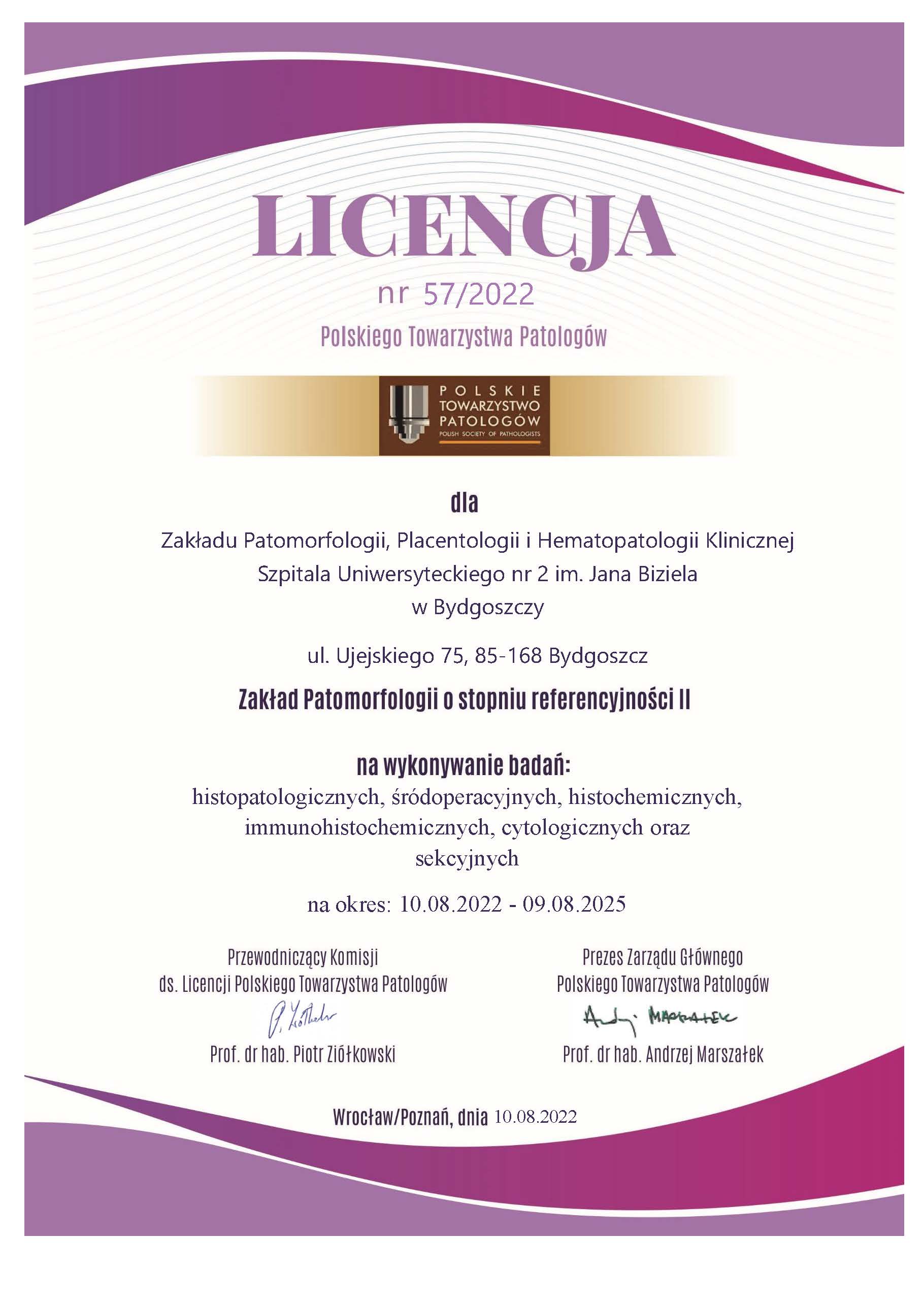 Licencja II stopnia referencyjności dla Zakładu Patomorfologii Placentologii i Hematopatologii